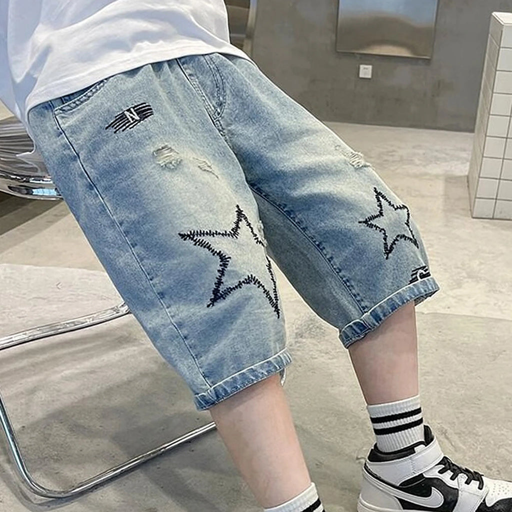 Boys Light Blue Star Embroidered Relaxed Fit Denim Shorts Shorts
