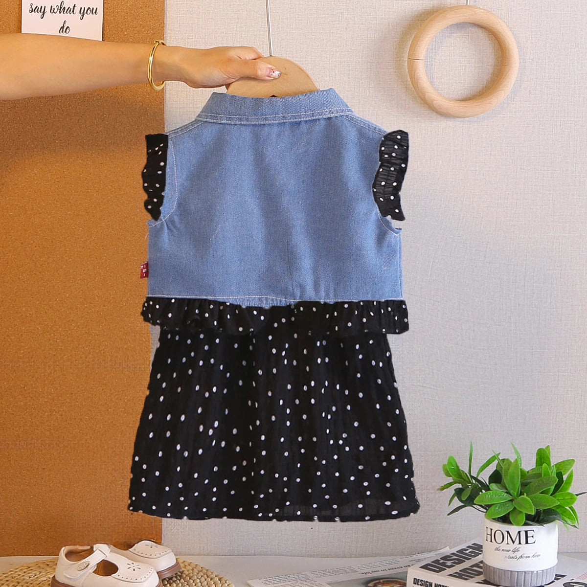 Girls Black Polka Dot Print A-line Dress With Sleeveless Denim Vest Casual Dresses