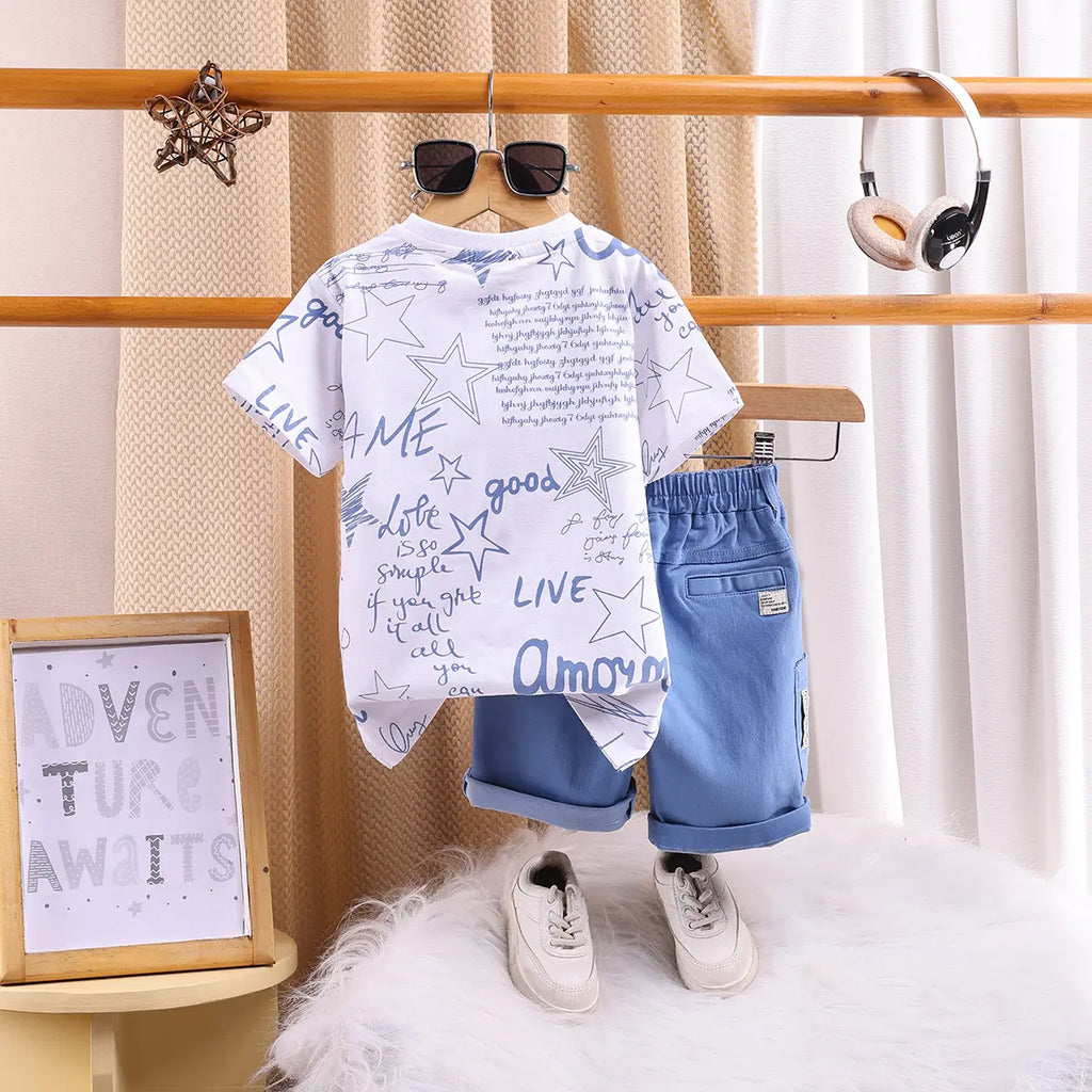 Boys Blue Typographic Short Sleeve T-Shirt With Elasticated Shorts Sets 2 pc. Sets