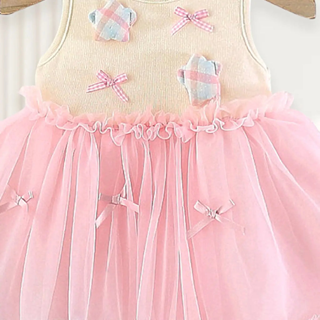 Girls Pink Star Applique Tulle Overlay Fit & Flare Dress Casual Dresses