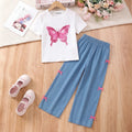 Girls White Butterfly Print Top With Bow Detailed Pants Sets Sets White 7-8 Y
