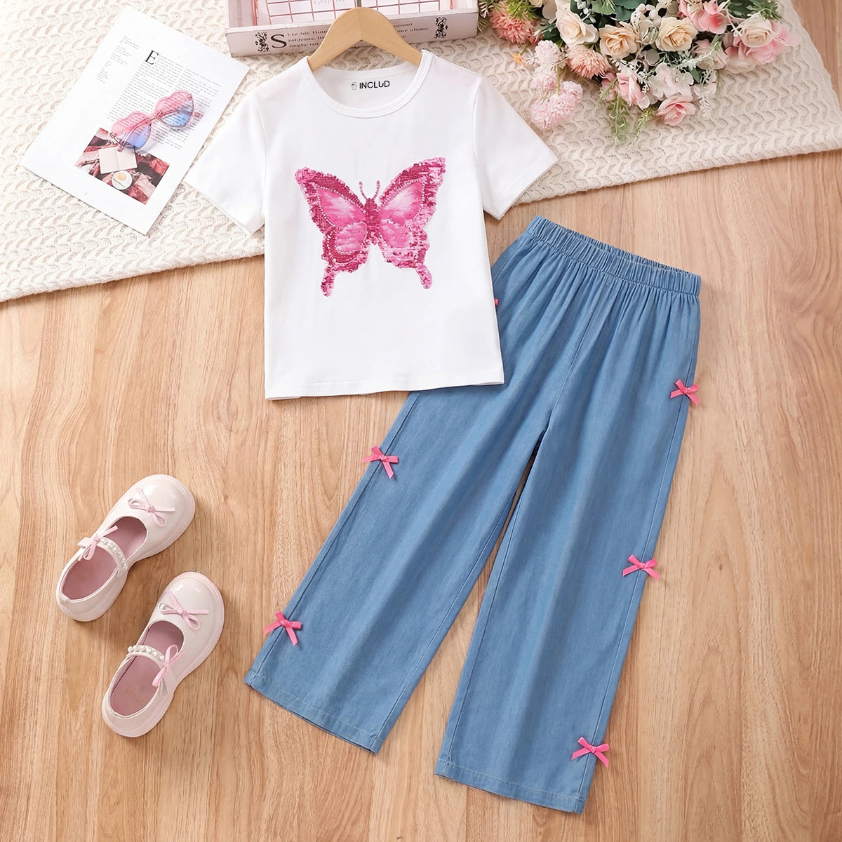 Girls White Butterfly Print Top With Bow Detailed Pants Sets Sets White 7-8 Y