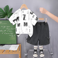 Boys Printed Short Sleeves T-Shirt With Black Denim Shorts Set 2 pc. Sets