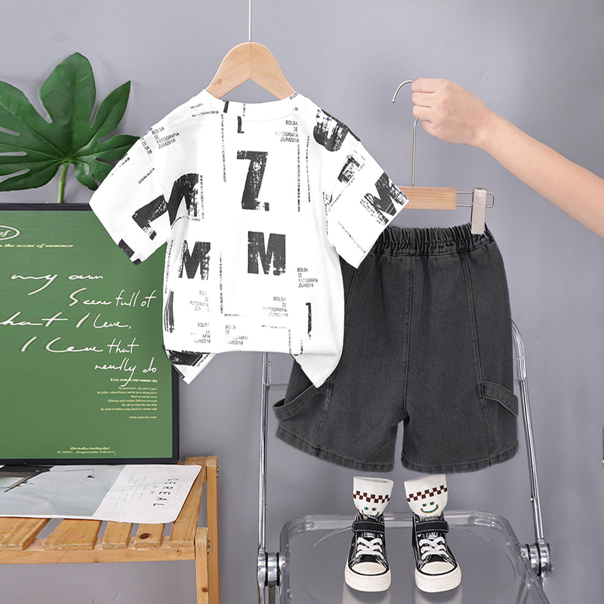Boys Printed Short Sleeves T-Shirt With Black Denim Shorts Set 2 pc. Sets