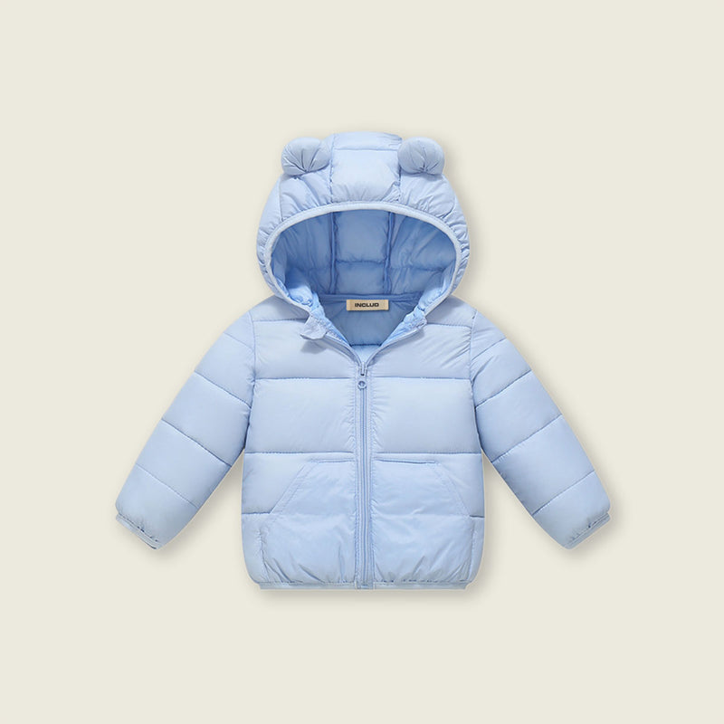 Boys Light Blue Solid Front Zipper Hooded Puffer Jacket Coats & Jackets