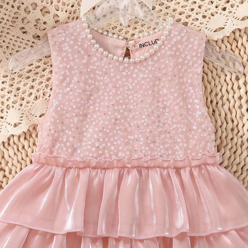Girls Light Pink Sequins Embellished Layered Party Dress Party Dresses