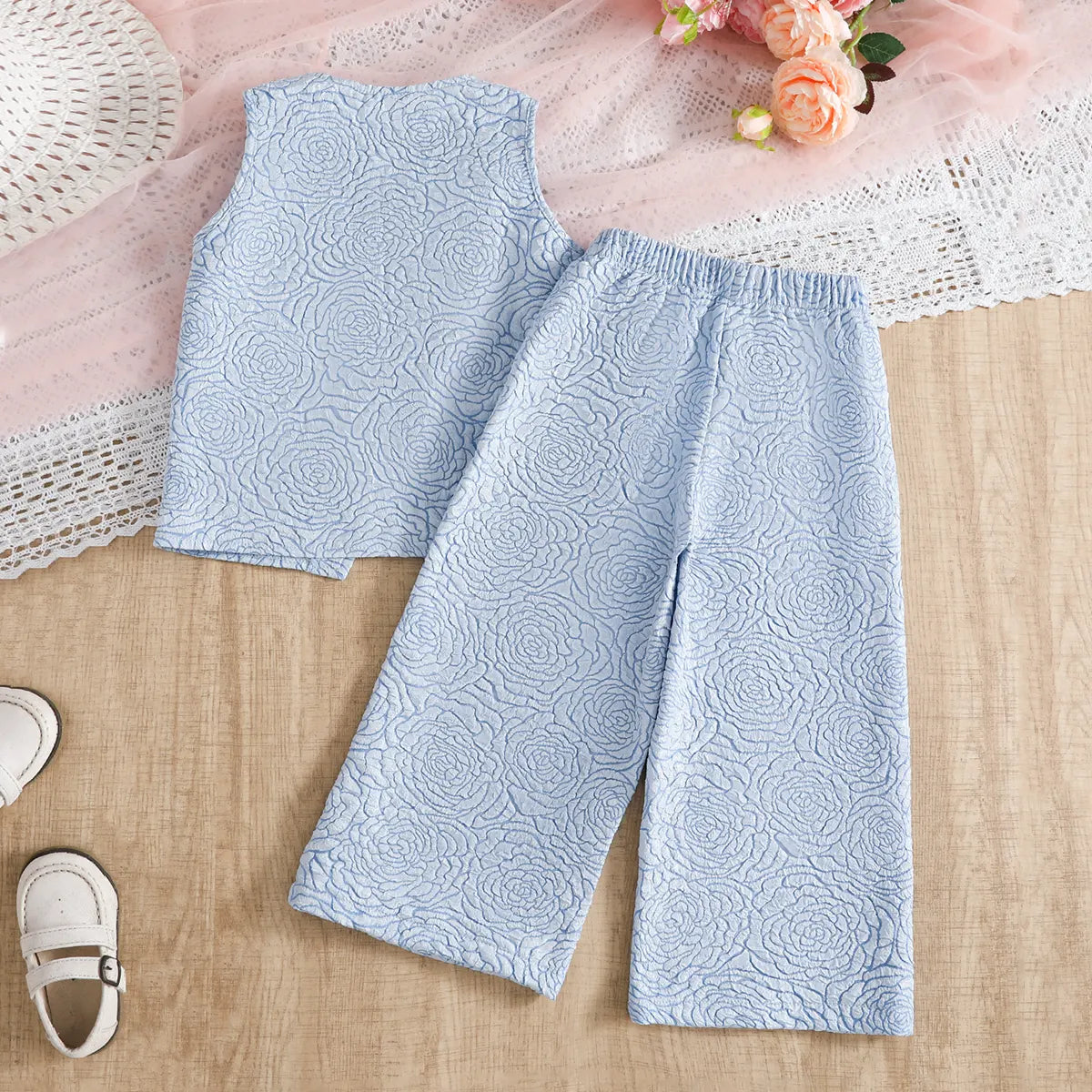 Girls Light Blue Floral Textured Top With Pants Co-ord Sets Sets
