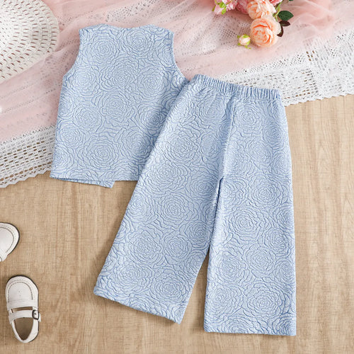 Girls Light Blue Floral Textured Top With Pants Co-ord Sets Sets