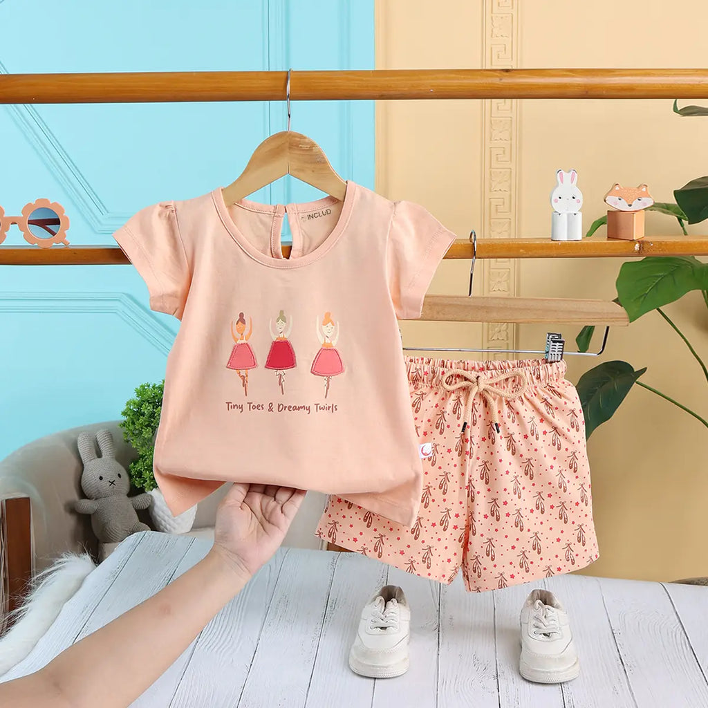 Girls Peach Graphic Short Sleeve Top With Drawcord Printed Shorts Sets Sets Peach 6-12 M