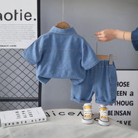 Boys Light Blue Denim Shirt & Cargo Shorts With Printed T-Shirt Sets Sets