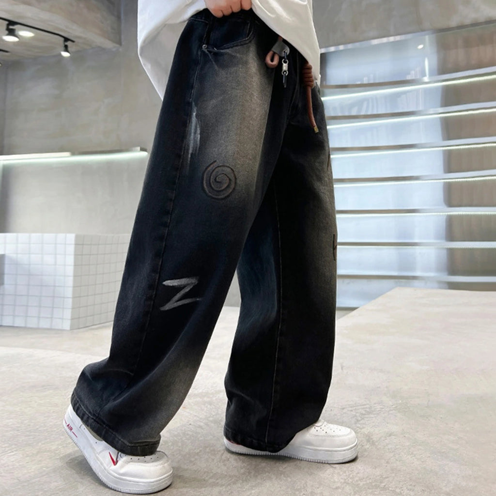 Boys Black Typographic Print Loose Fit Denim Jeans Pants