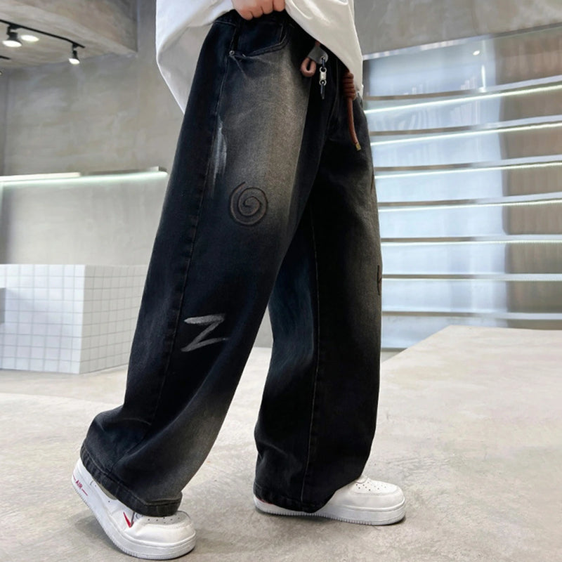Boys Black Typographic Print Loose Fit Denim Jeans Pants