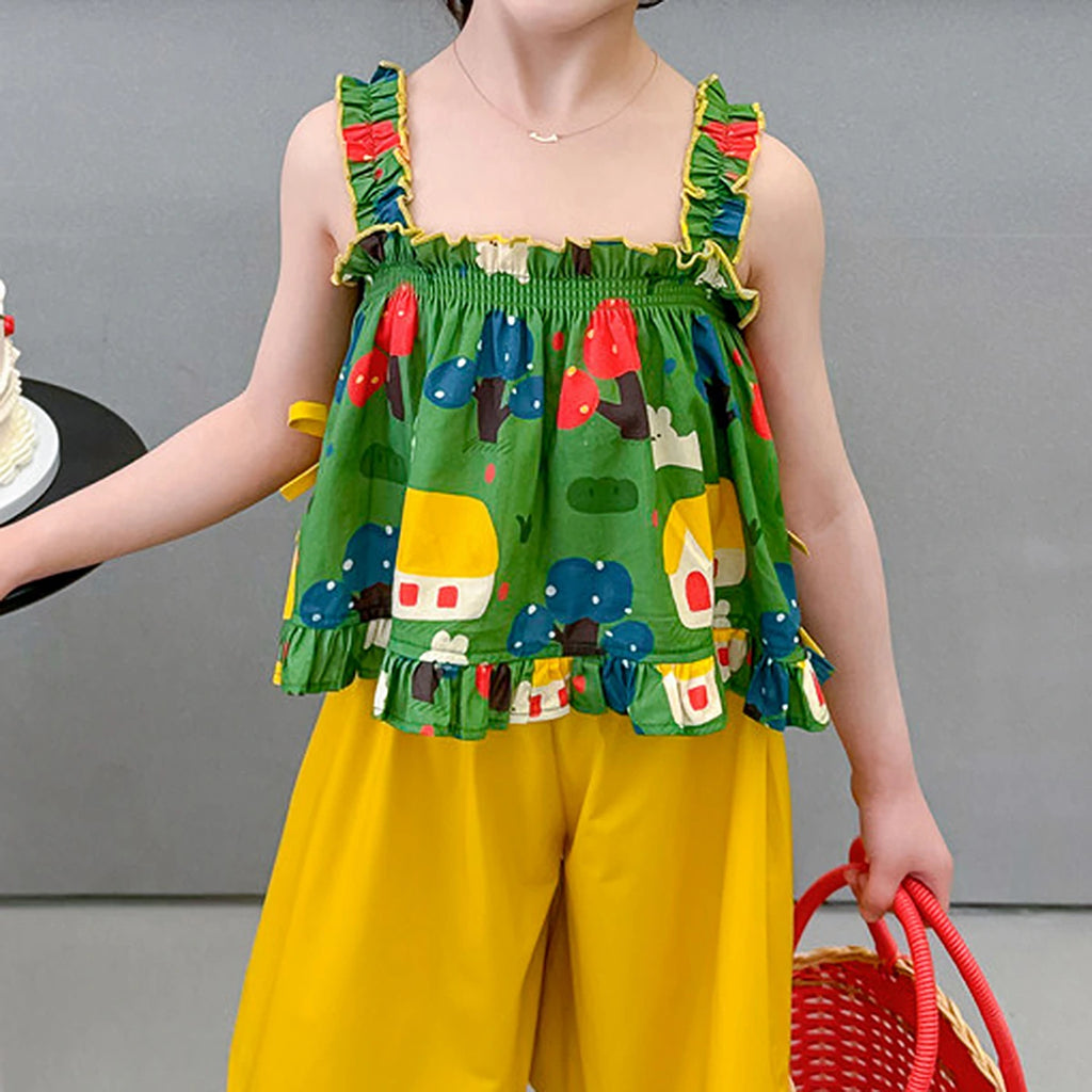 Girls Green Printed Ruffle Peplum Top With Long Shorts Sets Sets