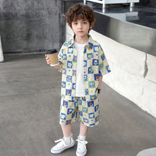 Boys Cream Floral Print Shirt Short Sleeve With Shorts Sets 2 pc. Sets Cream 1-2 Y