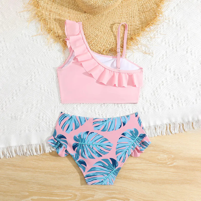 Girls Pink Solid Ruffled One Shoulder Top With Tropical Printed Shorts Swimsuit Sets Sets