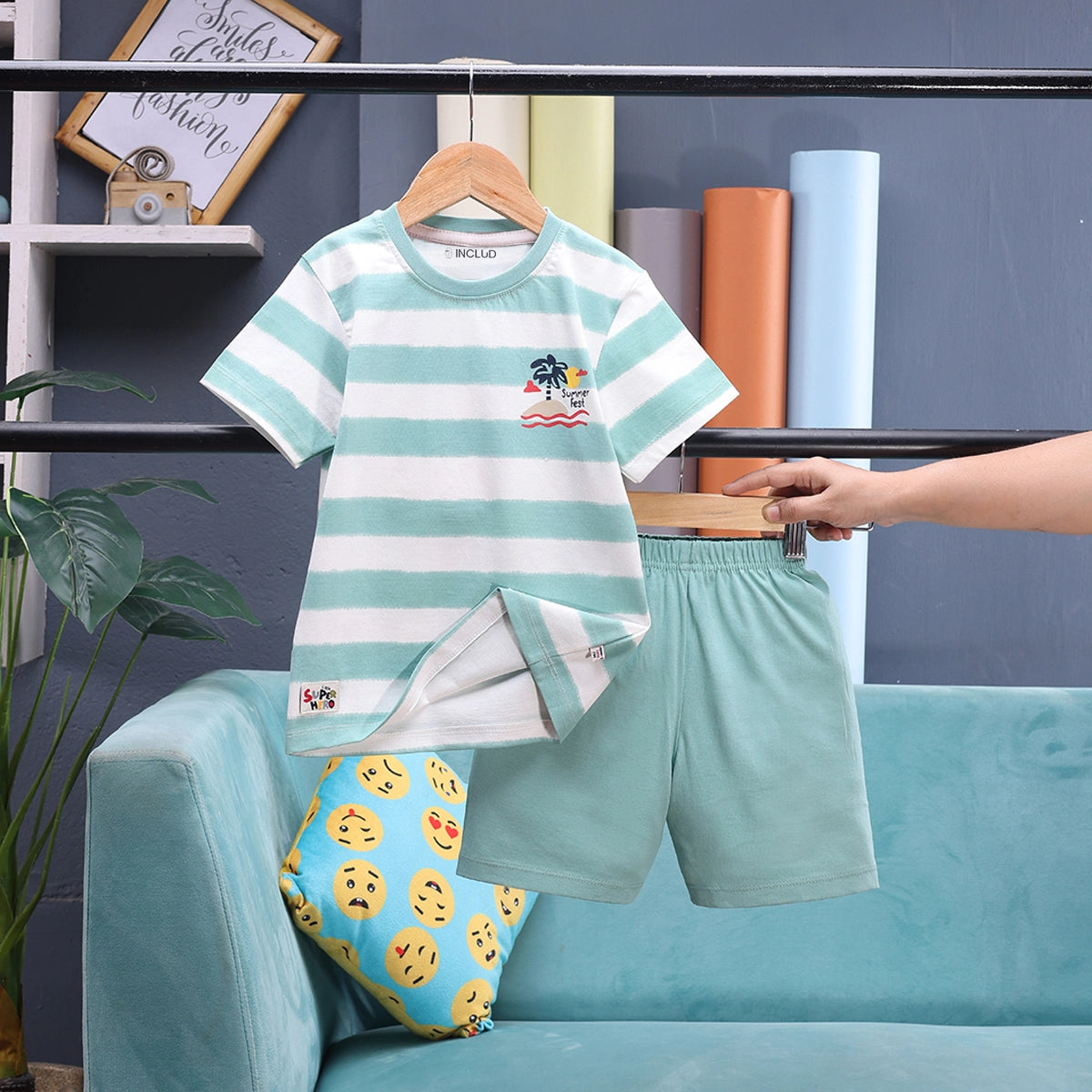 Boys Green Tropical Palm Print T-Shirt With Shorts Sets 2 pc. Sets Green 1-2 Y
