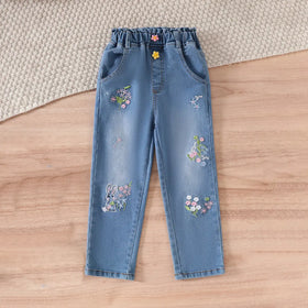 Girls Peach Sleeveless Ruffled Top With Embroidered Denim Pants Set Sets
