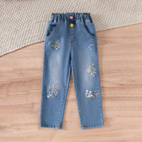 Girls Peach Sleeveless Ruffled Top With Embroidered Denim Pants Set Sets