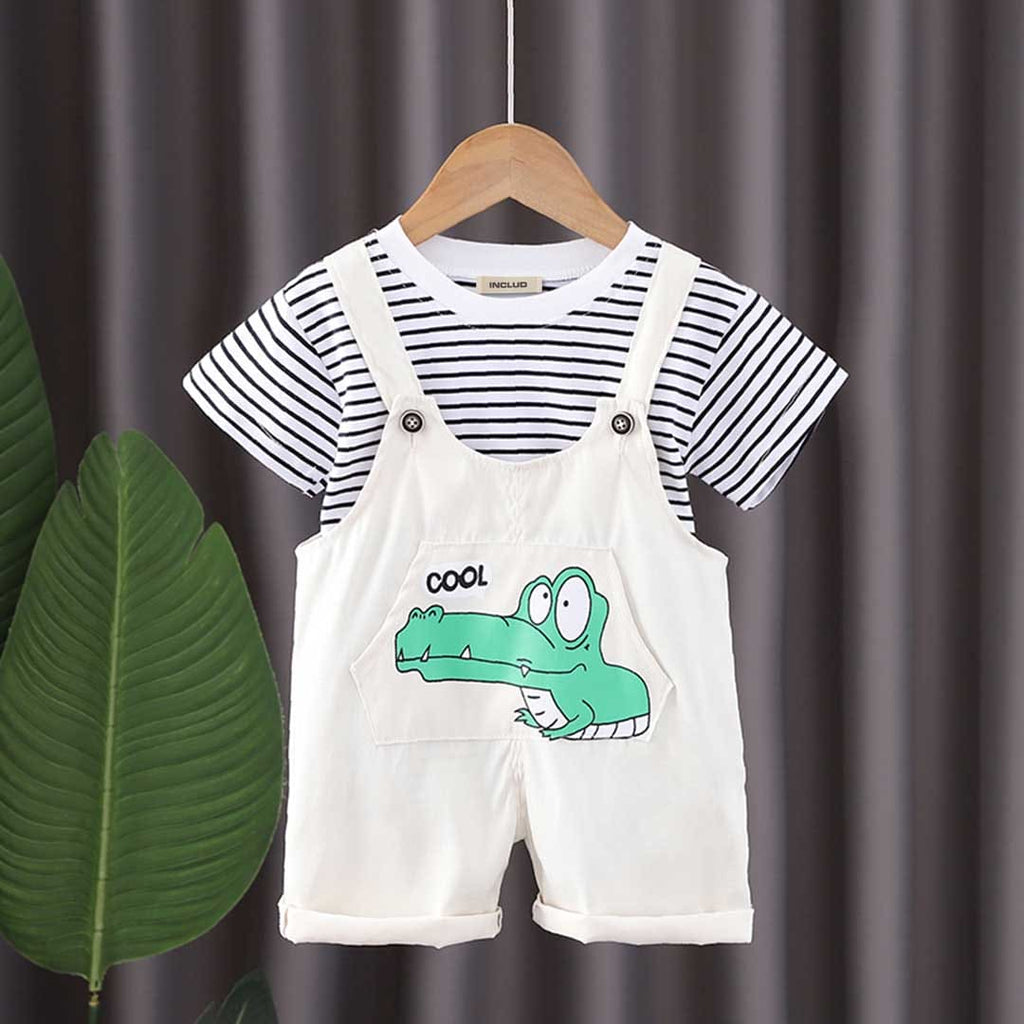 Girls Striped T-shirt with Alligator Print Dungaree Set
