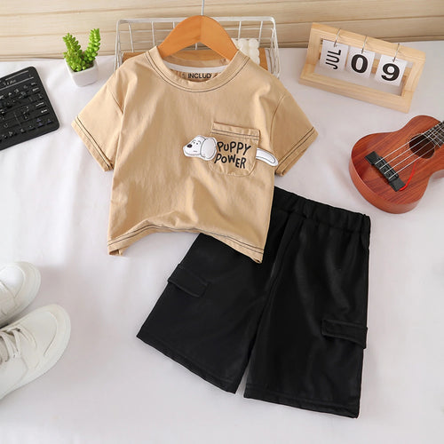 Boys Khaki Puppy Applique Short Sleeves T-Shirt With Shorts Set Sets Khaki 1-2 Y