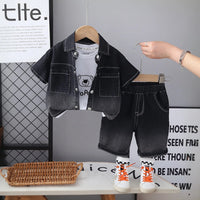 Boys Black Short Sleeve Denim Shirt With Printed T-Shirt And Shorts Sets 3 pc. Sets Black 1-2 Y
