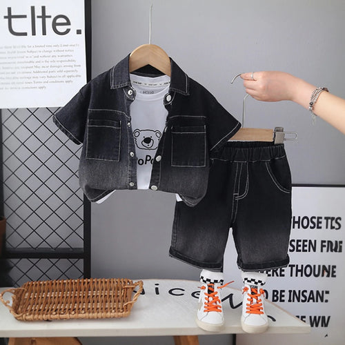 Boys Black Short Sleeve Denim Shirt With Printed T-Shirt And Shorts Sets 3 pc. Sets Black 1-2 Y