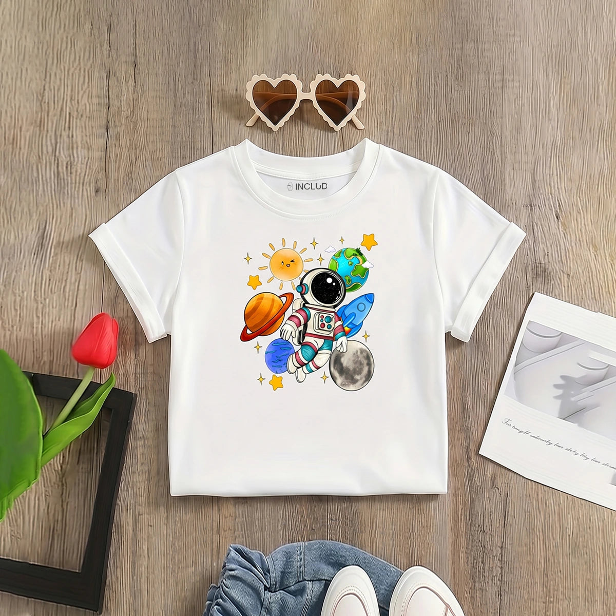 Girls White Astronaut Graphic Print Short Sleeve T-Shirt Tshirts White 1-2 Y