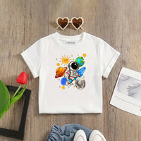 Girls White Astronaut Graphic Print Short Sleeve T-Shirt Tshirts White 1-2 Y