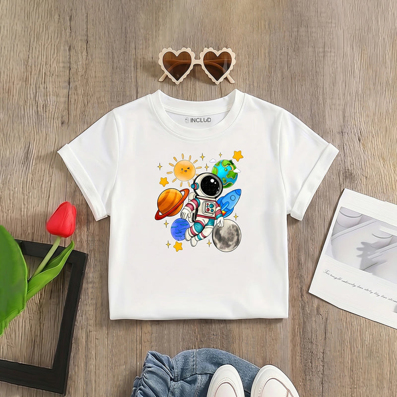Girls White Astronaut Graphic Print Short Sleeve T-Shirt Tshirts White 1-2 Y