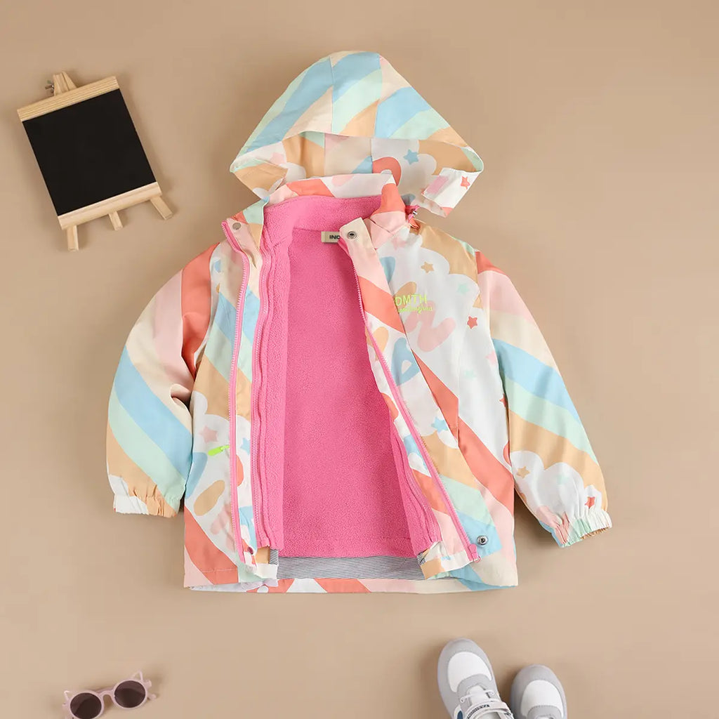 Girls Pink Diagonal Stripe Printed Hooded Zipper Jacket Coats & Jackets