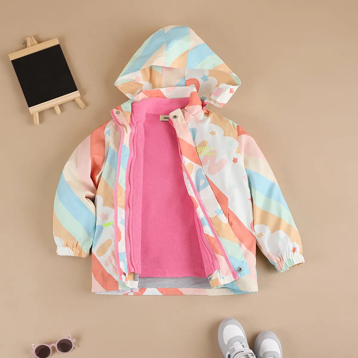 Girls Pink Diagonal Stripe Printed Hooded Zipper Jacket Coats & Jackets