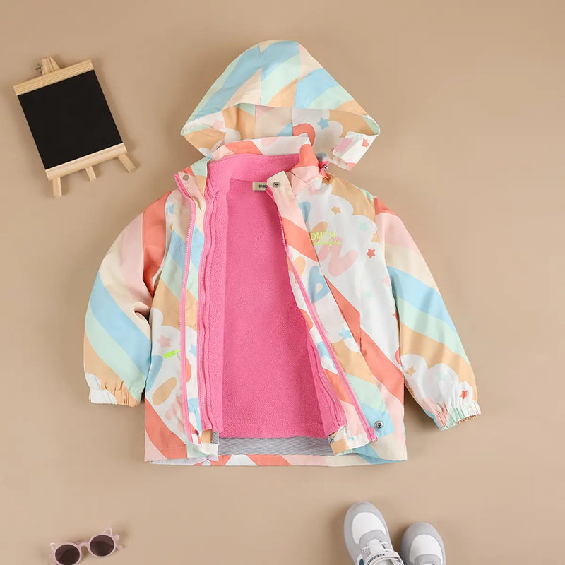 Girls Pink Diagonal Stripe Printed Hooded Zipper Jacket Coats & Jackets
