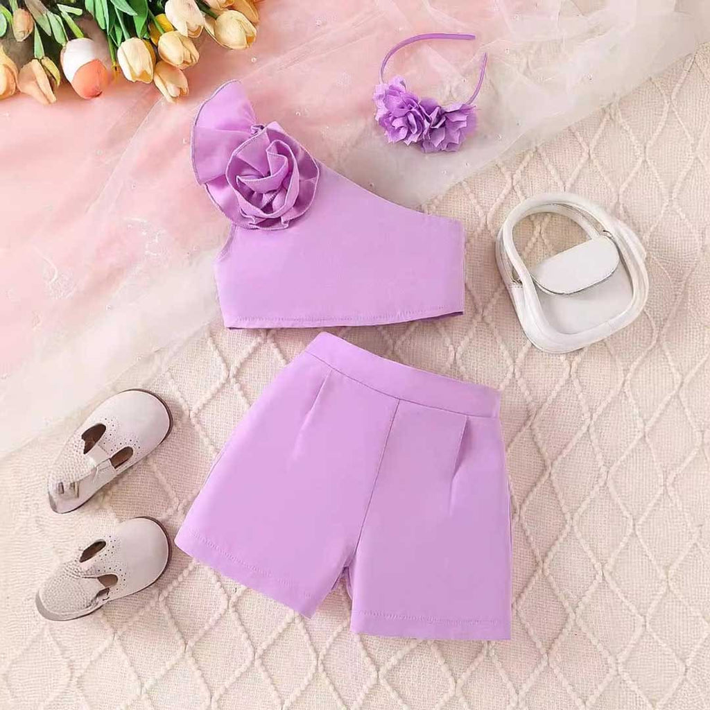 Girls Purple One Shoulder Flower Applique Top With Shorts & Hairband Set 3 pc. Sets Purple 1-2 Y 