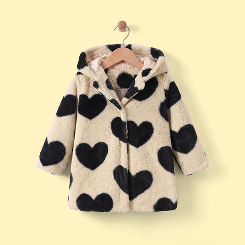 Girls Beige Heart Long Sleeve Faux Fur Hooded Jacket Coats & Jackets Beige 3-4 Y