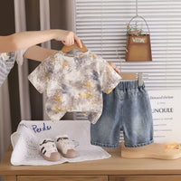 Boys Beige Abstract Printed Short Sleeve T-Shirt with Distressed Denim Shorts Sets 2 pc. Sets