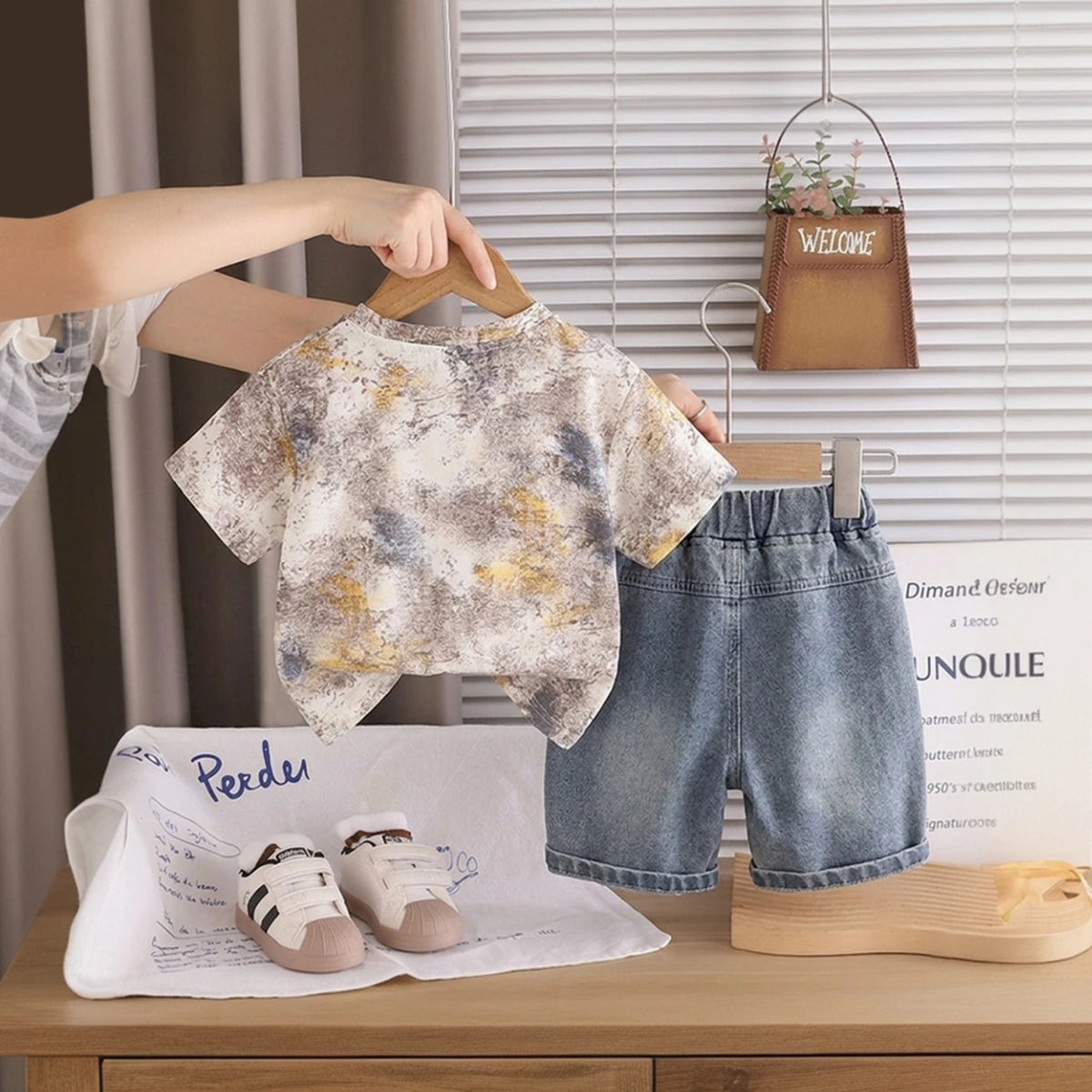 Boys Beige Abstract Printed Short Sleeve T-Shirt with Distressed Denim Shorts Sets 2 pc. Sets