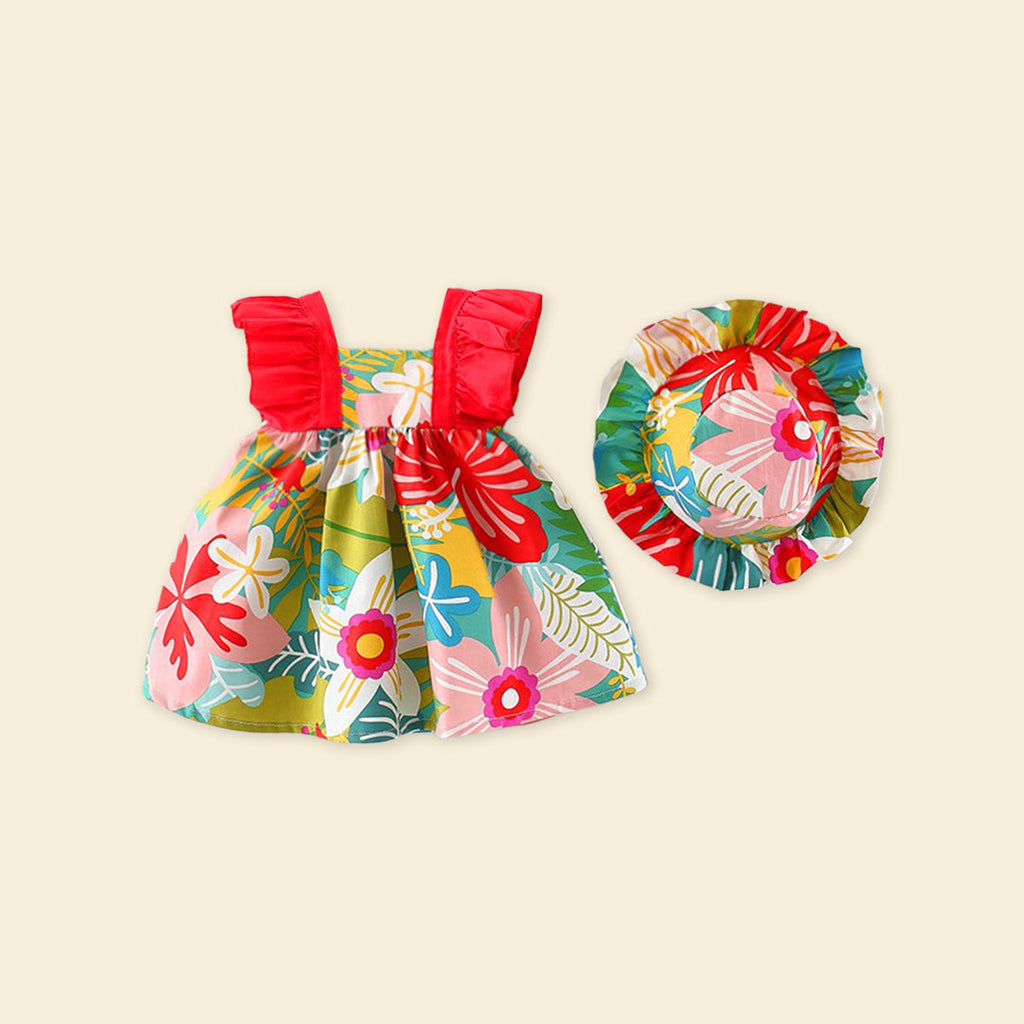 Girls Red Floral Print Summer Dress with Hat Casual Dresses Red 1-2 Y 