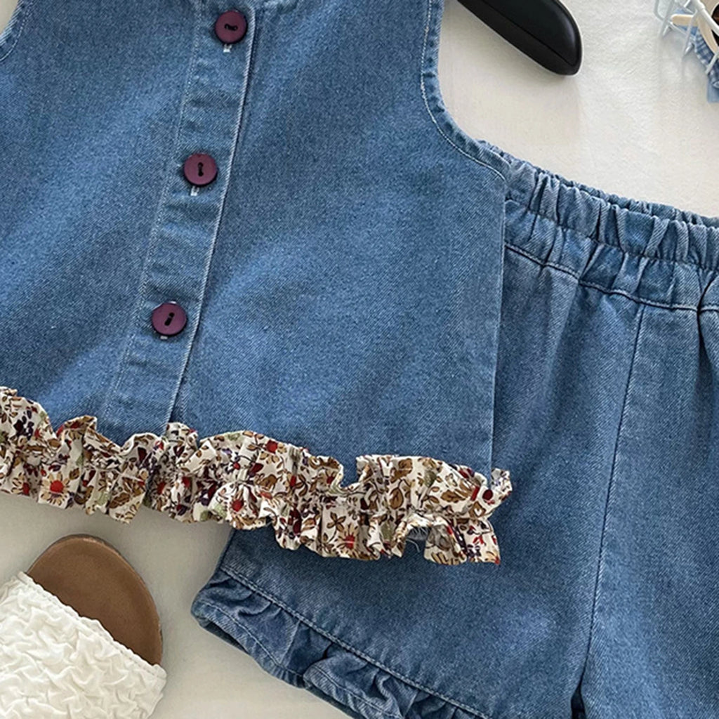 Girls Blue Sleeveless Ruffle Denim Top With Shorts Sets 2 pc. Sets