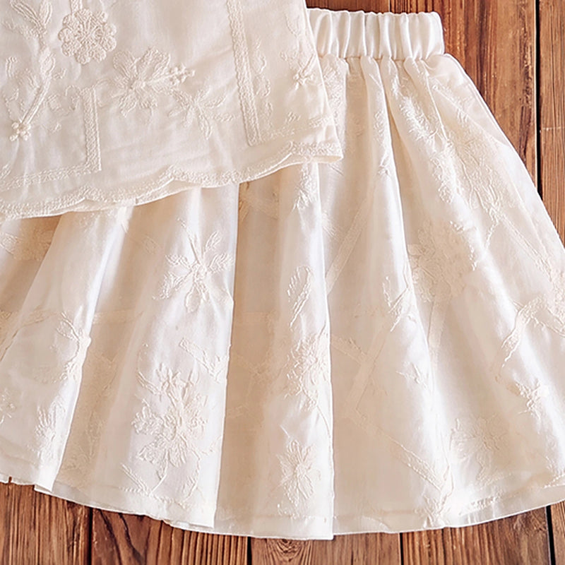 Girls Apricot Sleeveless Floral Embroidered Top With Skirt Sets 2 pc. Sets