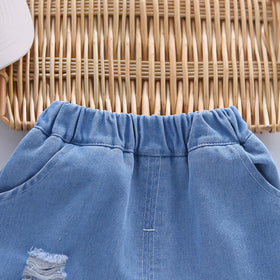 Boys Brown Teddy Patch Short Sleeves T-Shirt With Denim Shorts set 2 pc. Sets