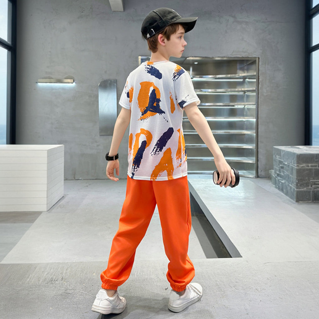 Boys Orange Abstract Printed Summer T-Shirt With Jogger Set 2 pc. Sets