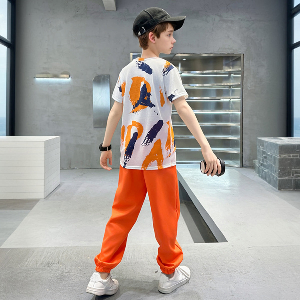 Boys Orange Abstract Printed Summer T-Shirt With Jogger Set 2 pc. Sets
