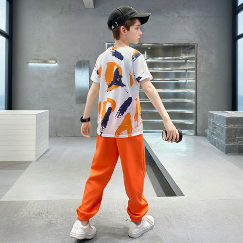 Boys Orange Abstract Printed Summer T-Shirt With Jogger Set 2 pc. Sets