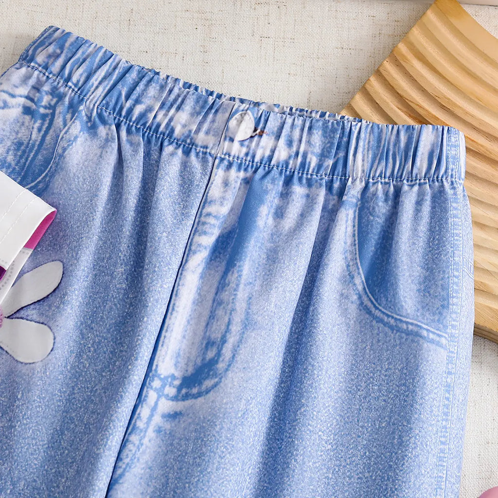 Girls Off White Floral Top With Fake Denim Print Pant Sets Sets