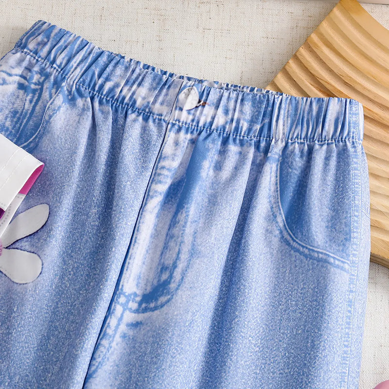 Girls Off White Floral Top With Fake Denim Print Pant Sets Sets
