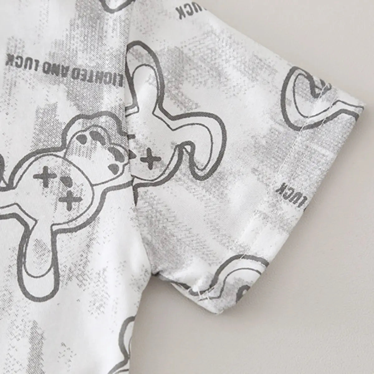 Boys Light Grey Bunny Printed Short Sleeve T-Shirt With Ripped Denim Shorts Sets 2 pc. Sets
