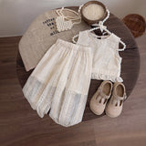 Girls Cream Schiffli Sleeveless Top With Pants Sets