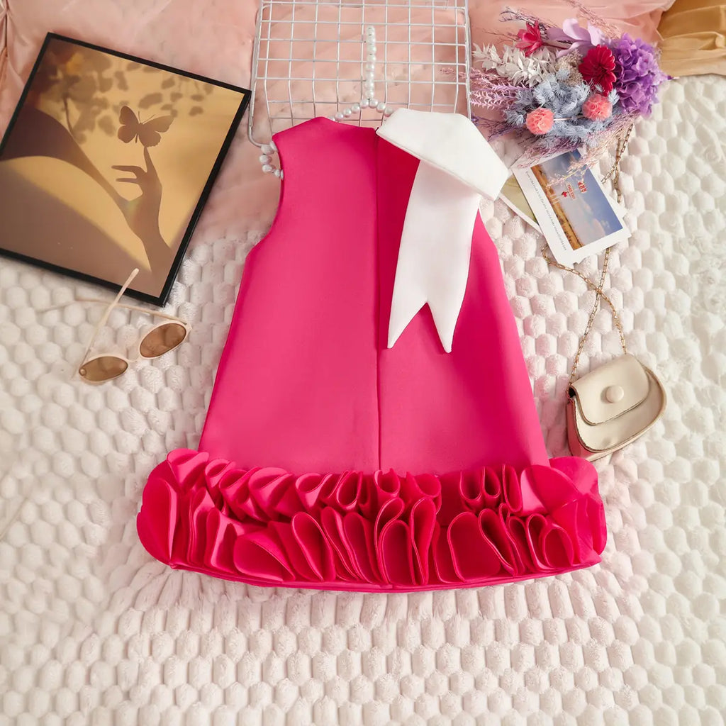 Girls Fuchsia Sleeveless A-line Party Wear Dress With Bow Applique Party Dresses