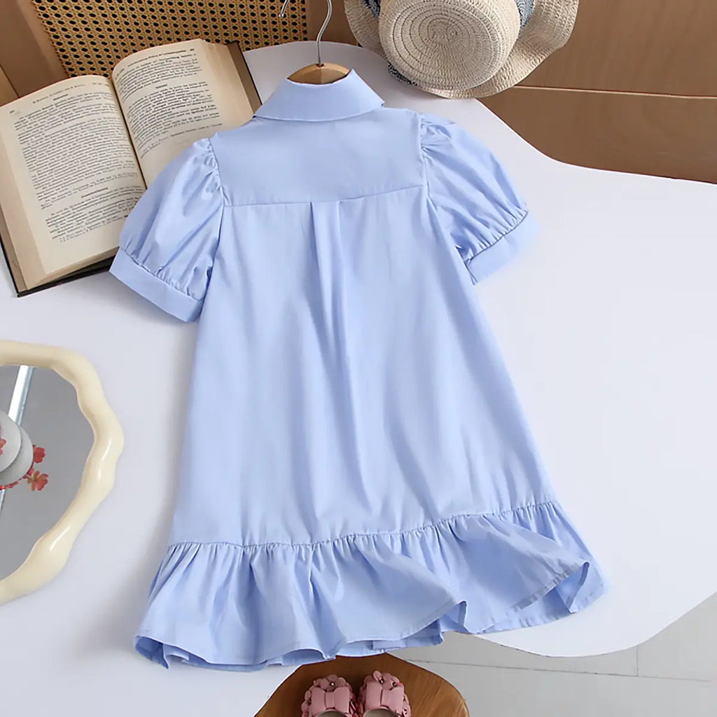Girls Blue Bunny Applique Short Sleeve Shirt Dress Casual Dresses