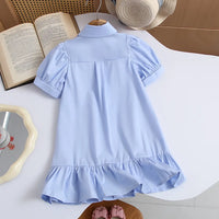 Girls Blue Bunny Applique Short Sleeve Shirt Dress Casual Dresses